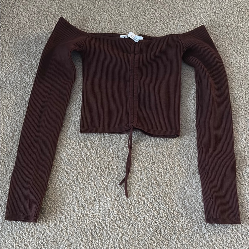 “Zara”: Brown Off-Shoulder Ribbed Top